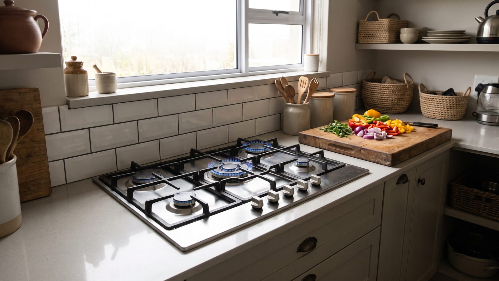 Gas hob with blue flames in a South African kitchen