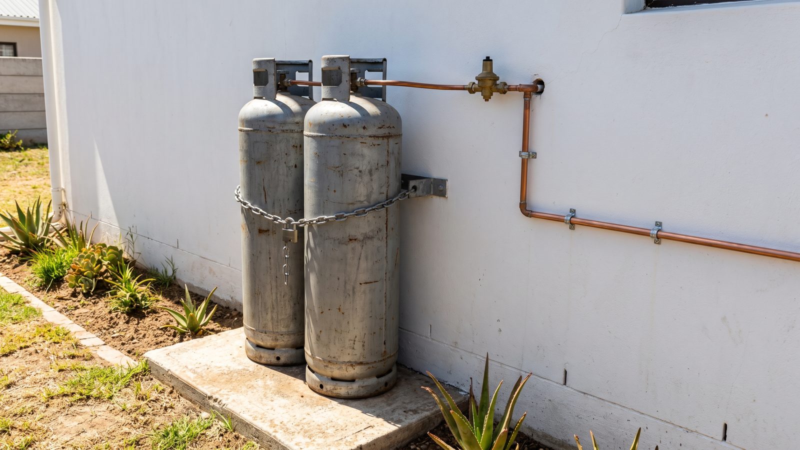 LPG cylinders with regulator and copper gas line on an outside wall