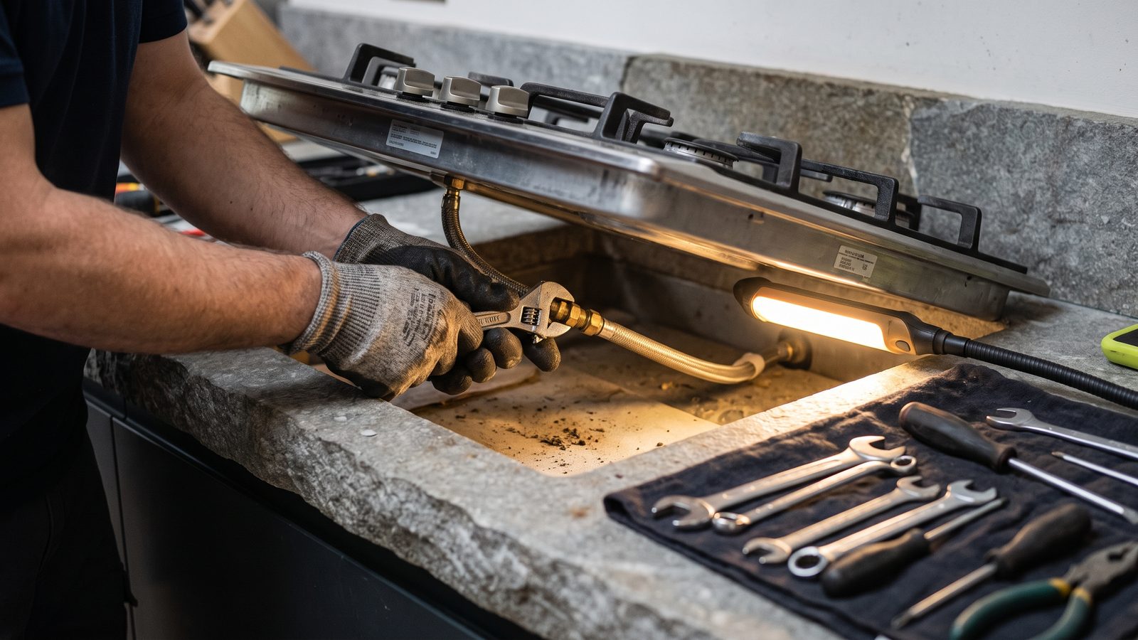 Tightening a brass gas fitting behind a gas hob