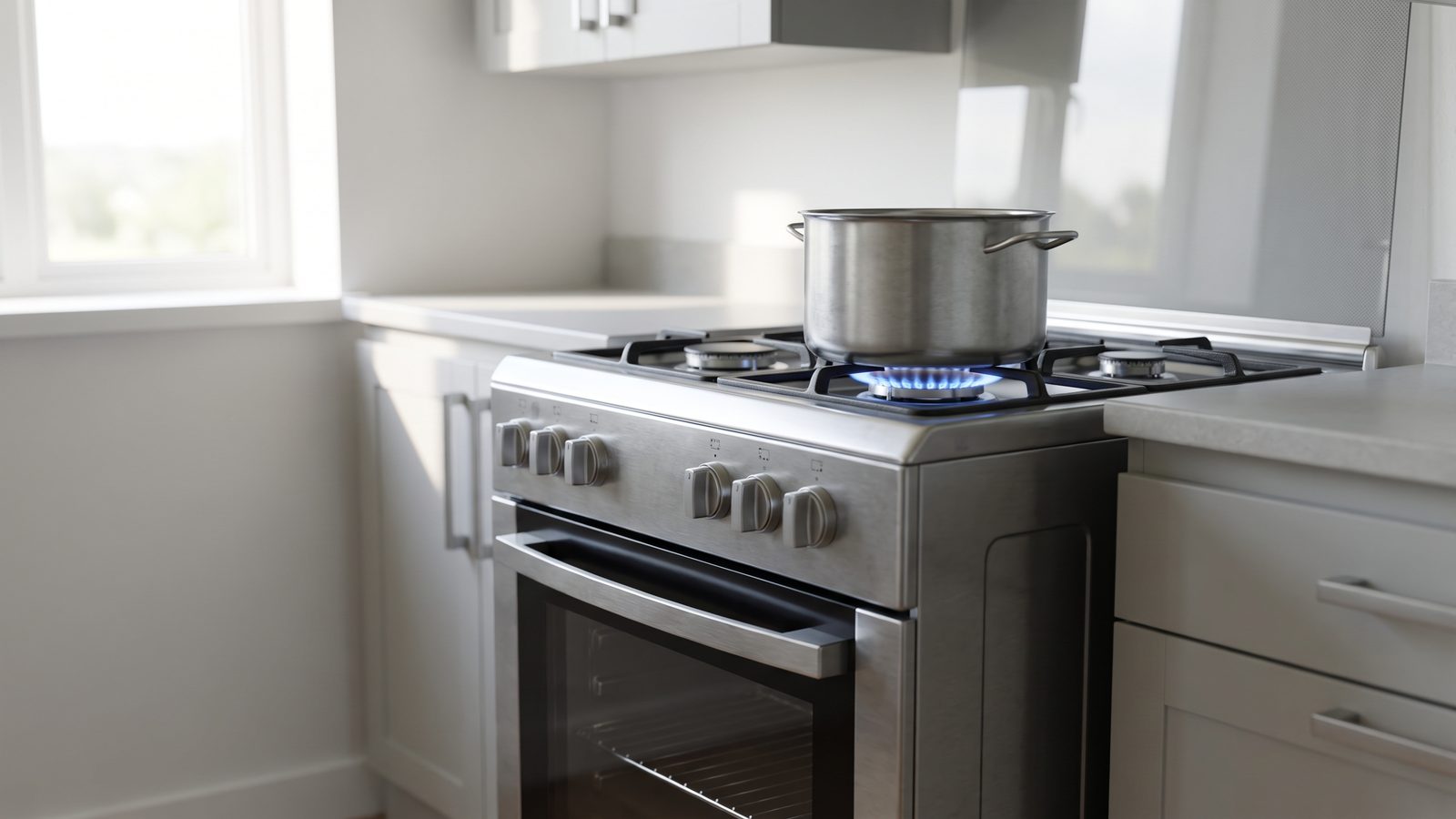Freestanding gas stove with a lit burner